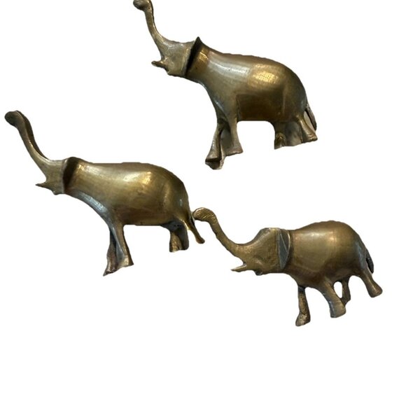 3 VTG MCM Brass Elephants Figurines Good Luck Hollywood Regency Paper Weights - Picture 2 of 9